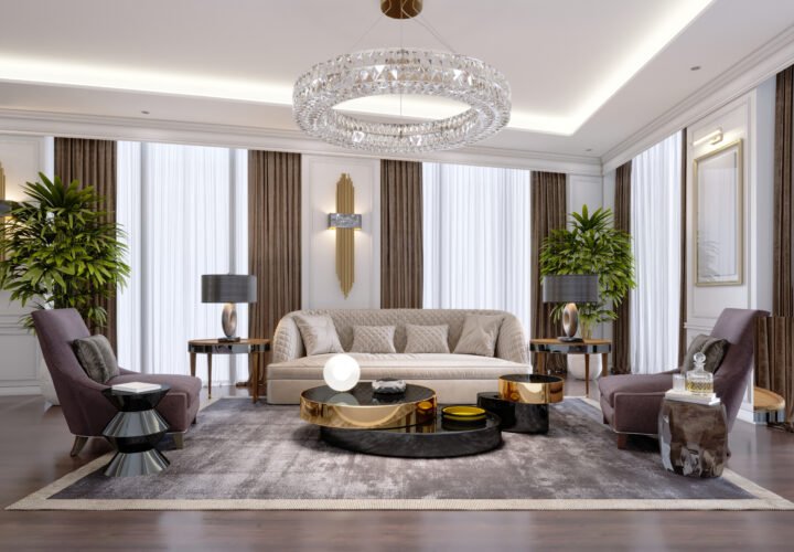 Design of luxury apartments in modern style with designer furniture and large curtains. 3d rendering.